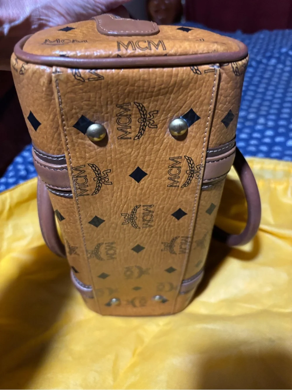 MCM Cognac Monogram Leather Satchel with Gold Hardware
